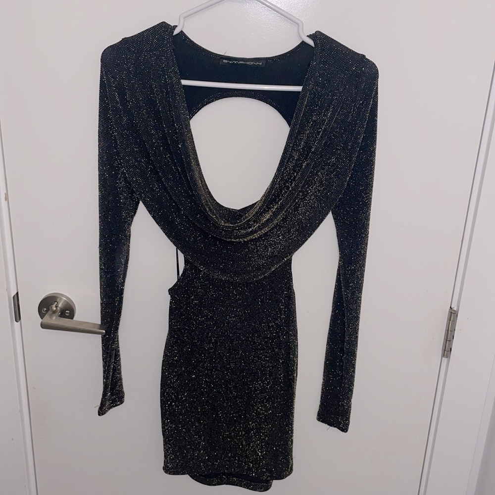 Backless black and gold dress